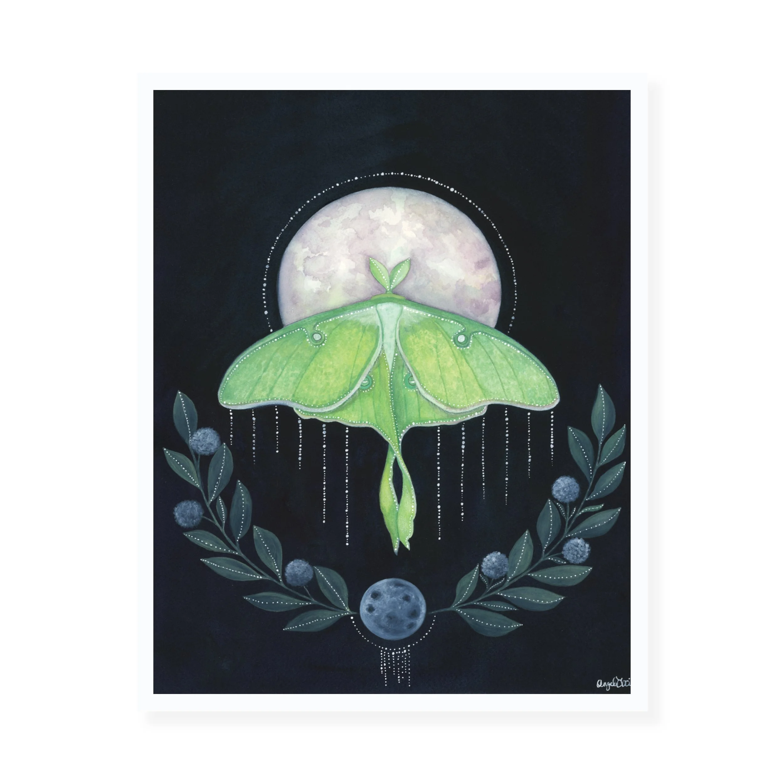LUNA MOTH GIRL WITH GOLDEN MOON ART PRINT WATERCOLOR